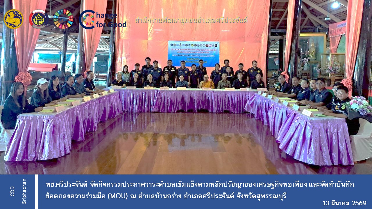 พช.ศรีประจันต์ จัดกิจกรรมประกาศวาระตำบลเข้มแข็งตามหลักปรัชญาของเศรษฐกิจพอเพียง และจัดทำบันทึกข้อตกลงความร่วมมือ (MOU) ณ ตำบลบ้านกร่าง อำเภอศรีประจันต์ จังหวัดสุพรรณบุรี